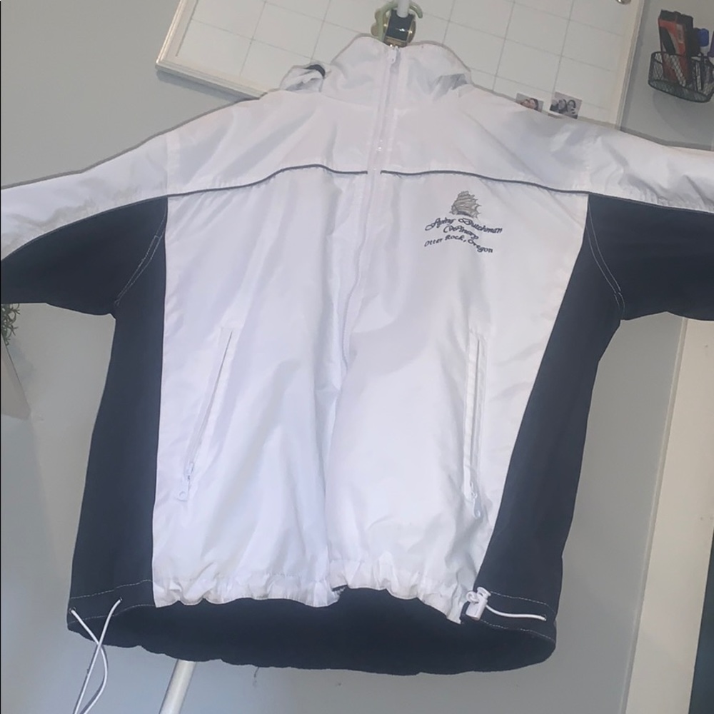Warm White and Blue Raincoat/ Jacket/ Hoodie